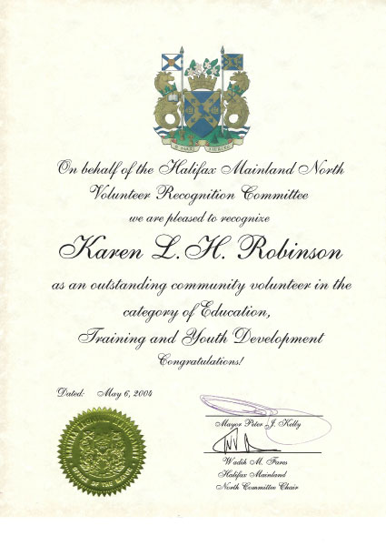 Halifax Mainland North inaugural Volunteer Award - Karen Robinson 2004